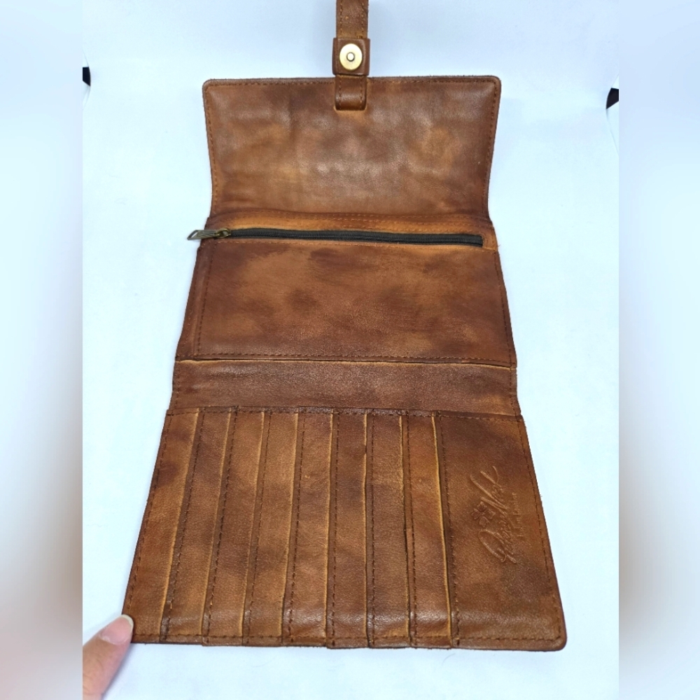 Patricia Nash Brown 100% Leather Antique Gold Studded Leather Trifold Wallet - Picture 10 of 15